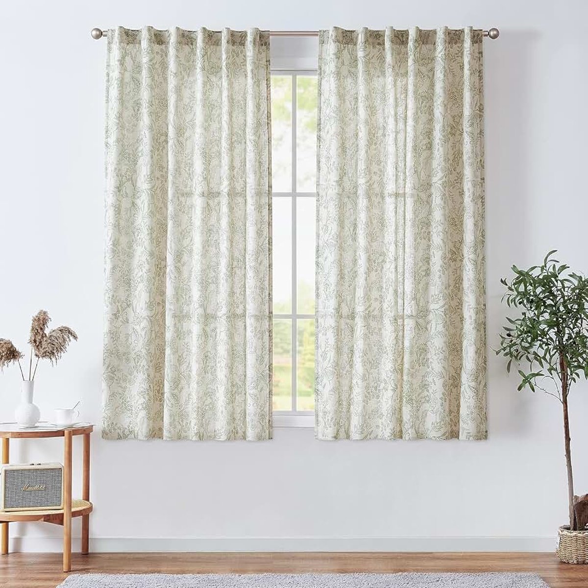 Gordijnen linnen gordijnen bloemen bedrukt woonkamer gordijn met verborgen lussen gordijnen woonkamer voor slaapkamer landhuis deur set van 2 groen op beige 140 B x 145 H (cm)