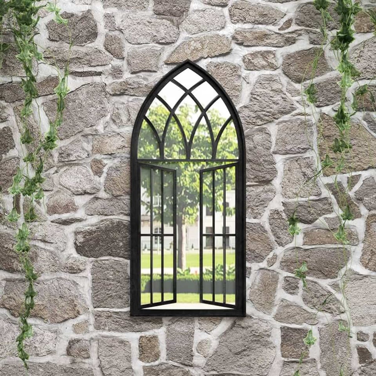 Spiegel voor de tuin, voor buiten, voor de muur, aan de muur, van ijzer voor buiten, grote spiegel, decoratieve spiegel