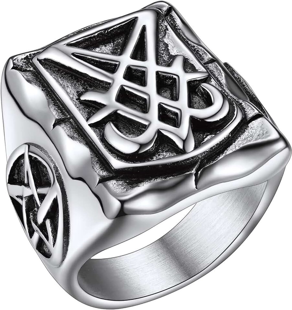 Ringen voor dames en heren, heidense pentakel zegelring roestvrij staal/goud/zwart, gegraveerde heksenamuletringen, maat O-Y
