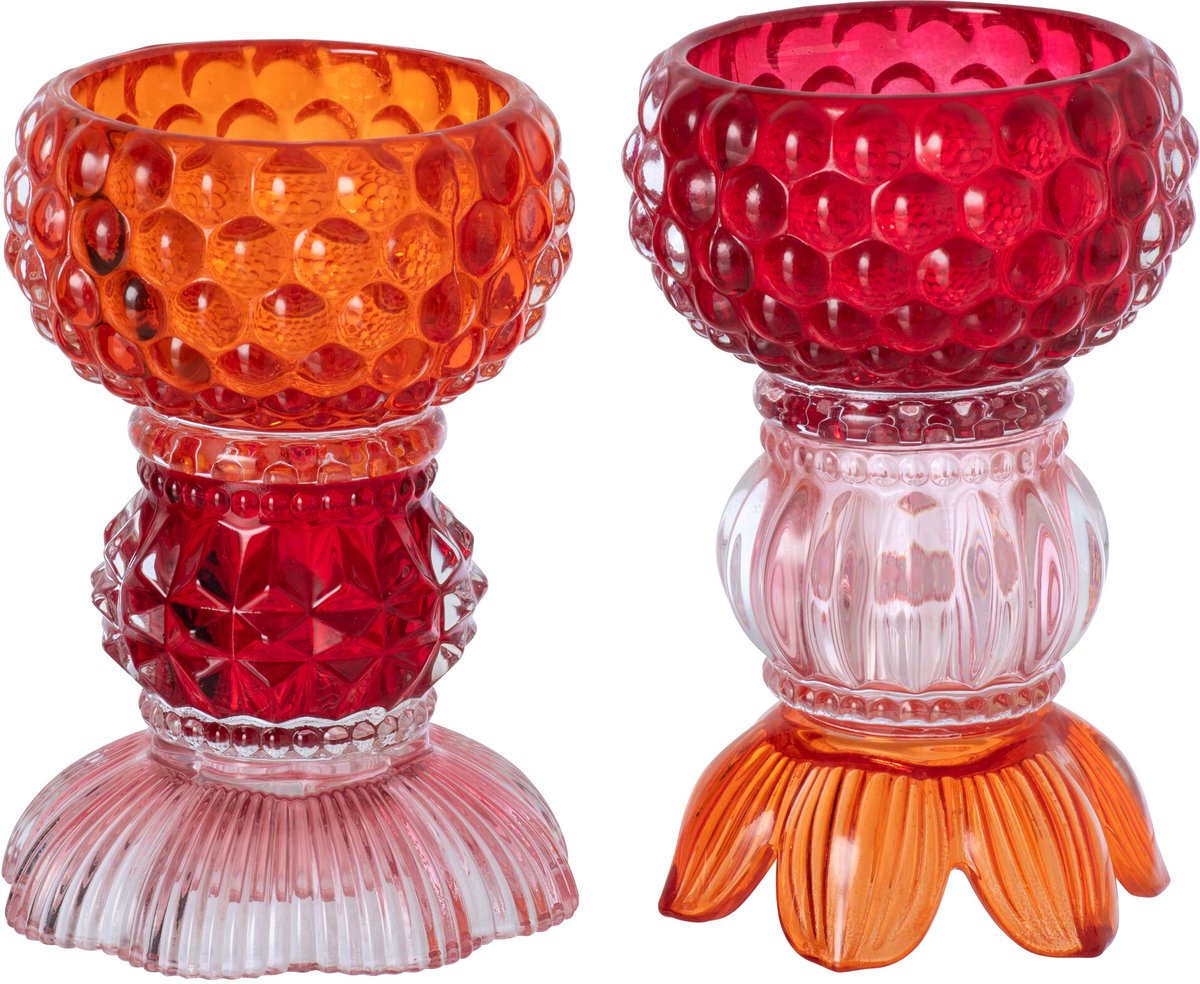 J-Line kaarshouder - glas - rood/oranje - 2 stuks