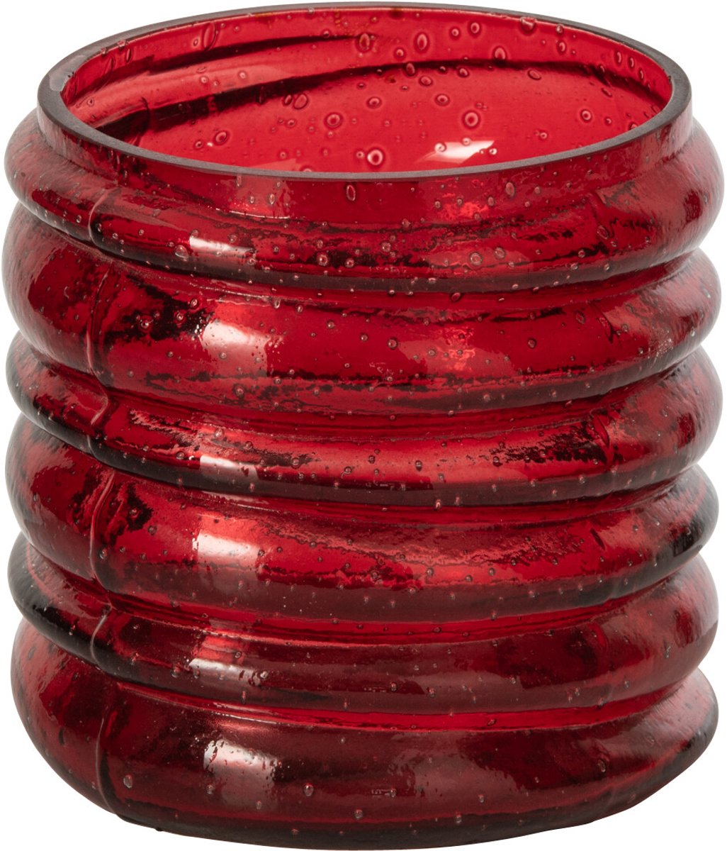 J-Line Geribbelde kandelaar - glas - rood - small - set van 2