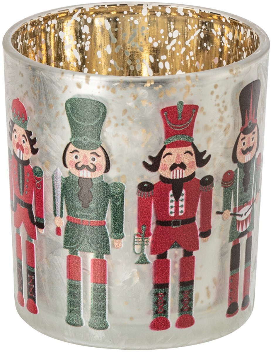 J-Line windlicht Notenkraker - glas - kerstrood/donkergroen - small - set van 2