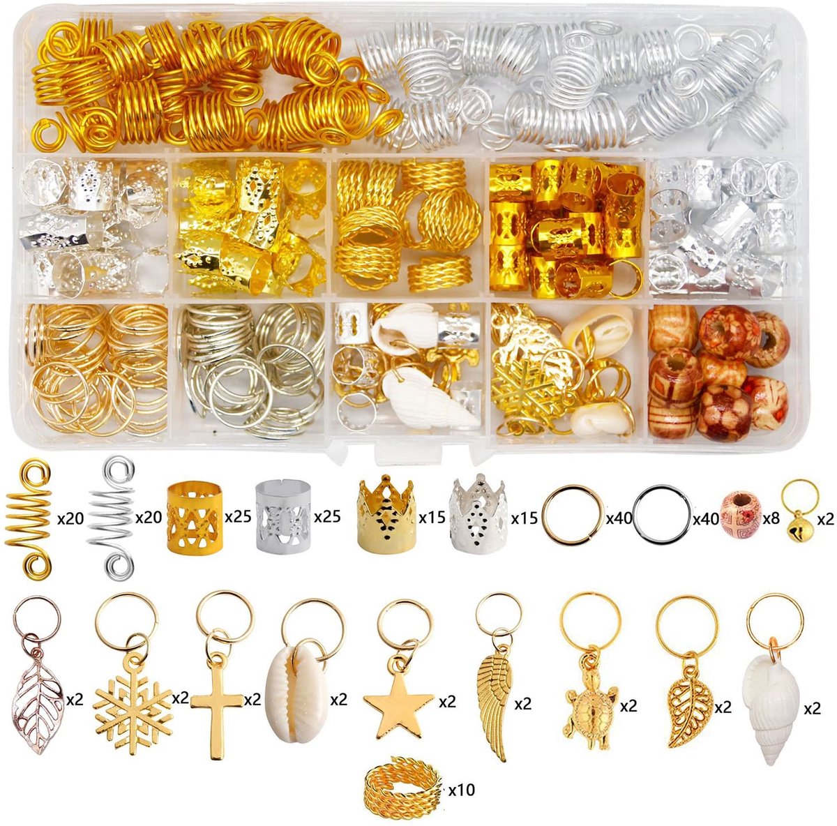 238 stuks parels, metalen haarklemmen, haarringen, vlechtringen, dreadlocks, sieraden met opbergdoos, voor vlechten, haarverlengingen, dreadlocks, decoratie
