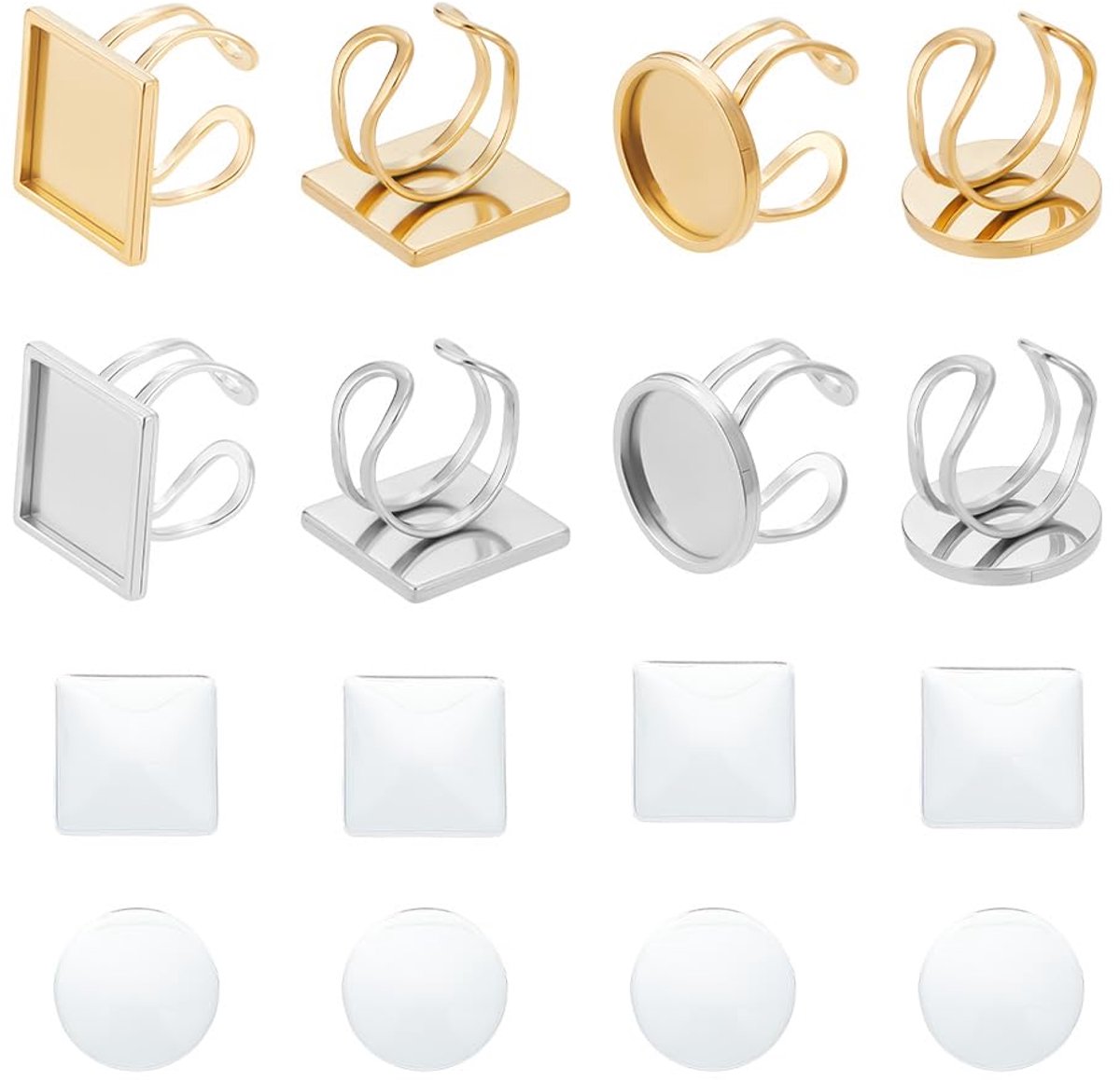 8 Sets 2 Kleuren 304 Rvs Manchet Pad Ring Instellingen Vierkante & Platte Ronde Lade Manchet Vinger Ringen Rvs Bezel Ringen met Transparant Glas Cabochons voor DIY Ring Sieraden