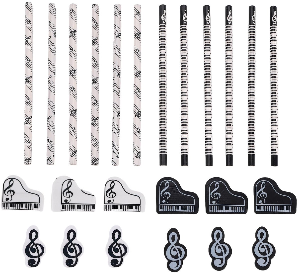 muzieknotenpotlood met gummen als thema muziek, houten stiften, grootverpakking, toetsenbord, grappige potloden, gummen, cadeau (24 stuks)