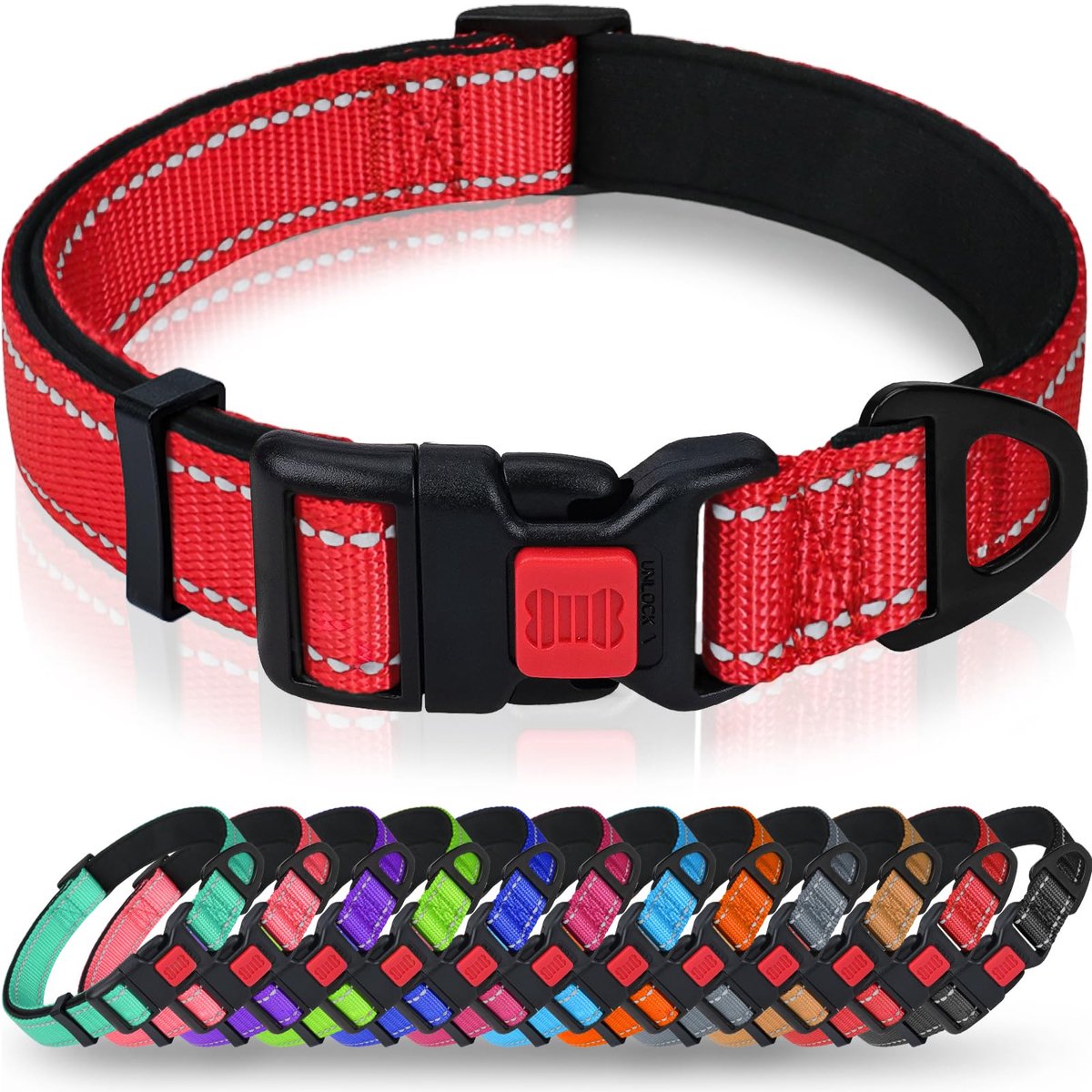 Reflecterende nylon hondenhalsband met veiligheidsgesp, verstelbare halsband, zachte neopreen voering, voor puppy‘s, XS, rood | Zacht neopreen gewatteerd comfort, nachtwandeling, metalen D-rin