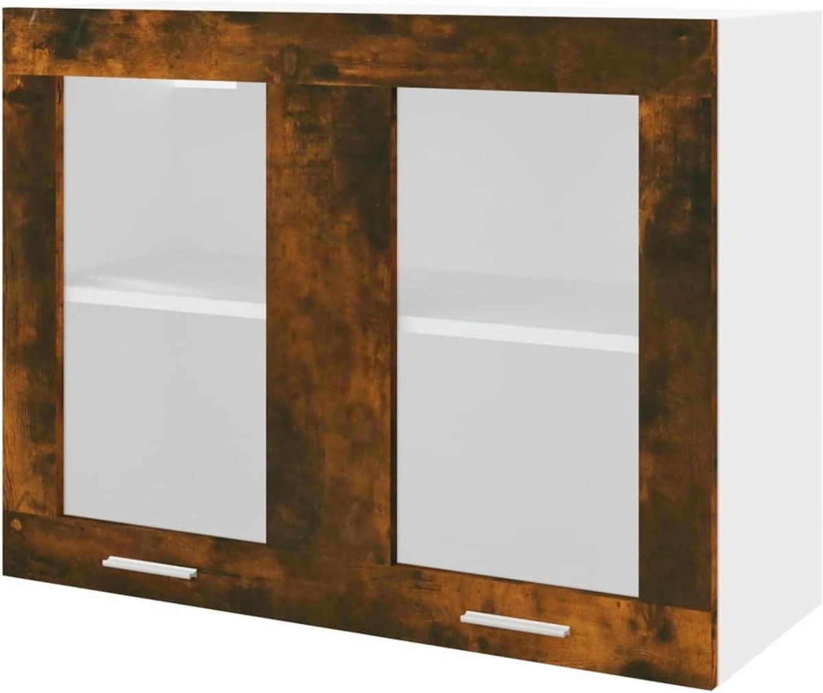 Hangende glazen kast - Wandkast vitrine - Keuken opbergen - Gerookt eiken design - 80 x 31 x 60 cm