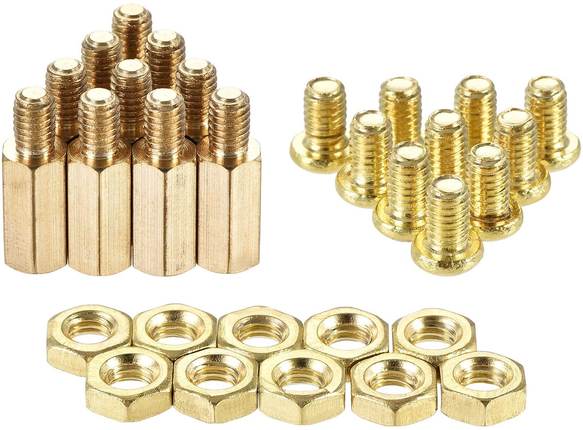 sourcing map M4 zeskant messing afstandhouder afstandhouder 12 mm + 6 mm mannelijk vrouwelijk met schroefdraadschroeven en moeren tas voor PCB moederbord computer printplaat 10 sets