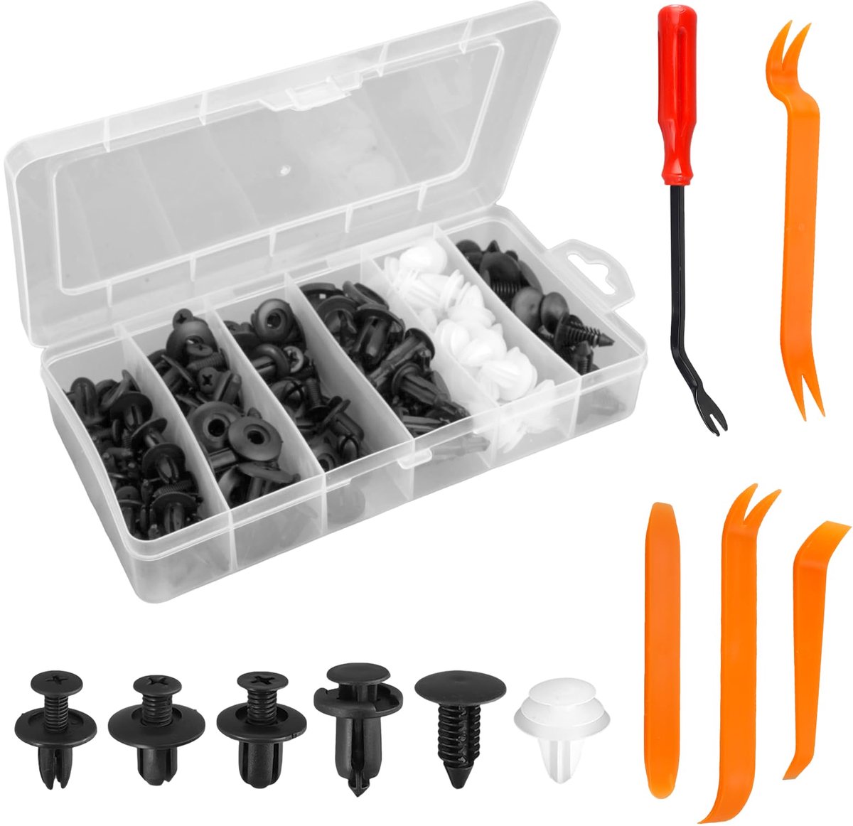 Bevestigingsclips autoclips set, universele kunststof autodeurbekleding clips klampen bumpers 6 maten spreidklinknagels +4 losmaakgereedschap + 1 hefboomgereedschap voor de meeste modellen