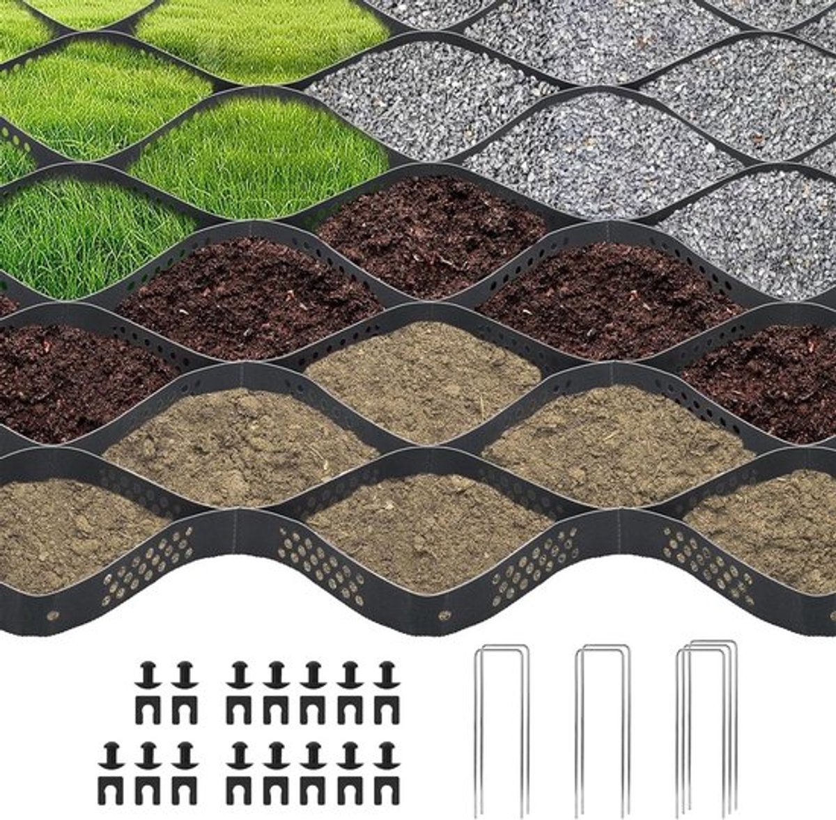 Dikke Gravel Grondrooster 3m x 5m voor Opritten, Tuinen en Bestrating met 7 Steunen (Zwart) - Ideaal voor Gravel en Gras, Duurzaam en Sterk Geocell Geogrid