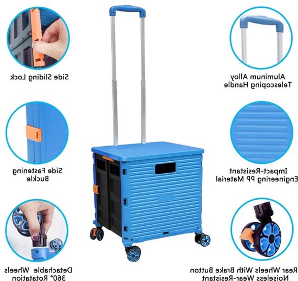 Vouwbare boodschappentrolley met deksel, slijtvast en geruisloos, 360° draaibare wielen, verstelbare aluminium handgreep, opvouwbare koffer met 45 kg laadcapaciteit, ideaal voor winkelen en reizen