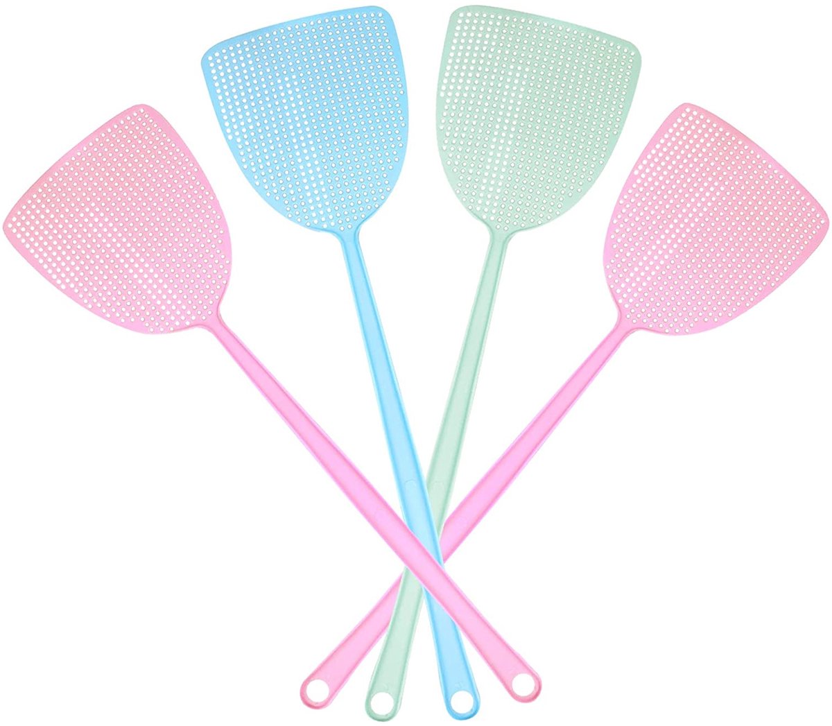 Vliegenmeppers Set van 4 – Stevige Kunststof Vliegenmeppers met Lange Steel – Flexibel & Duurzaam – Roze, Blauw en Groen