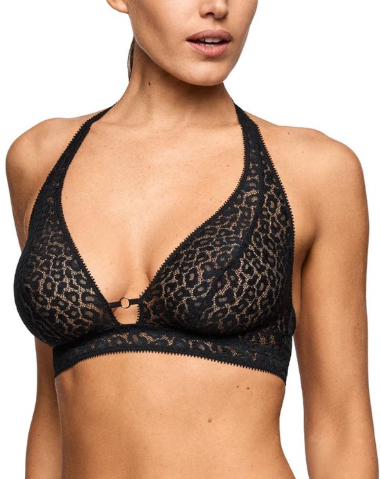 Zwarte kanten halter-bralette met luipaardprint en ringdetail.