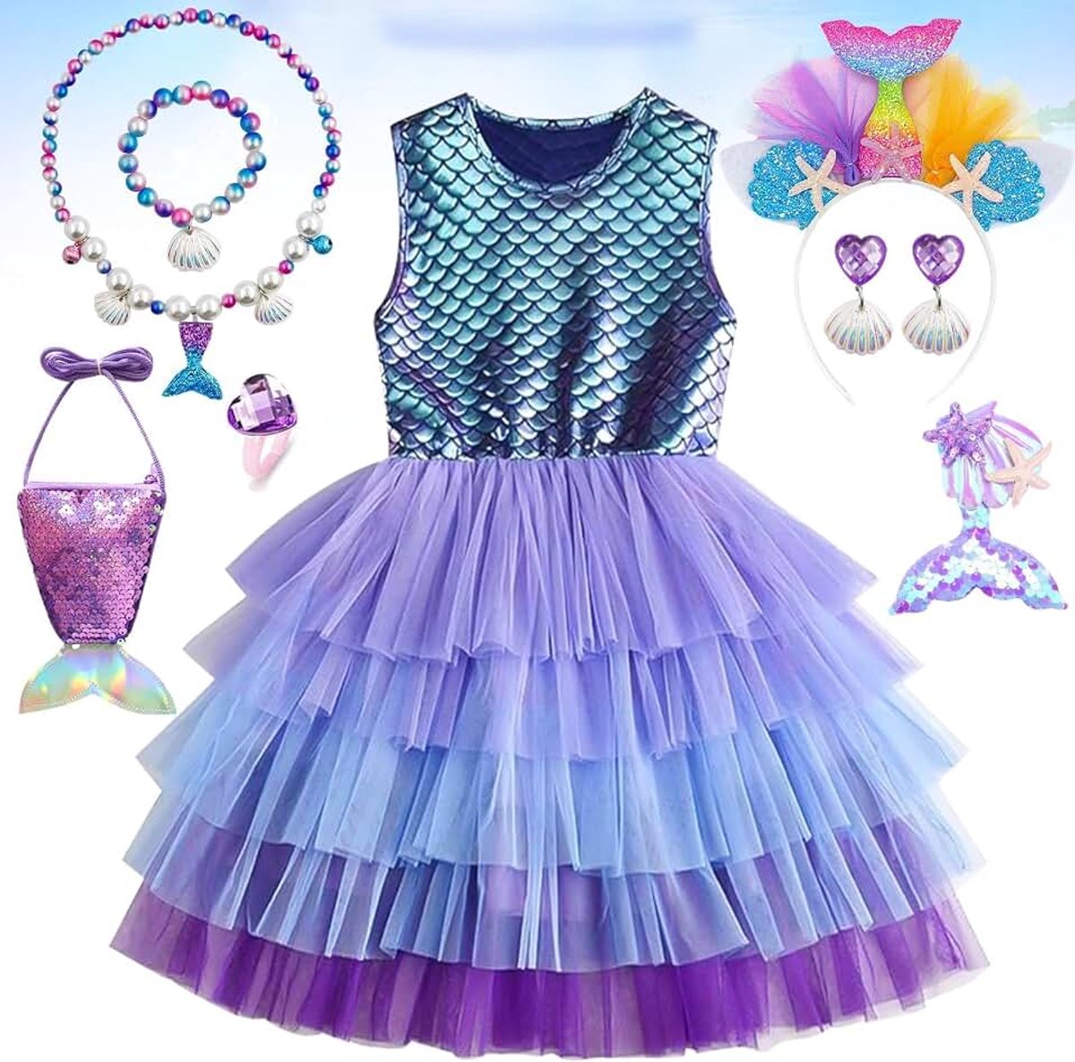 Zeemeerminkostuum voor meisjes, zeemeerminnenkostuum voor kinderen, zeemeermin prinsessenjurk voor meisjes, met 8 accessoires, kostuum zeemeermin kinderen, voor carnaval, Halloween, cosplay