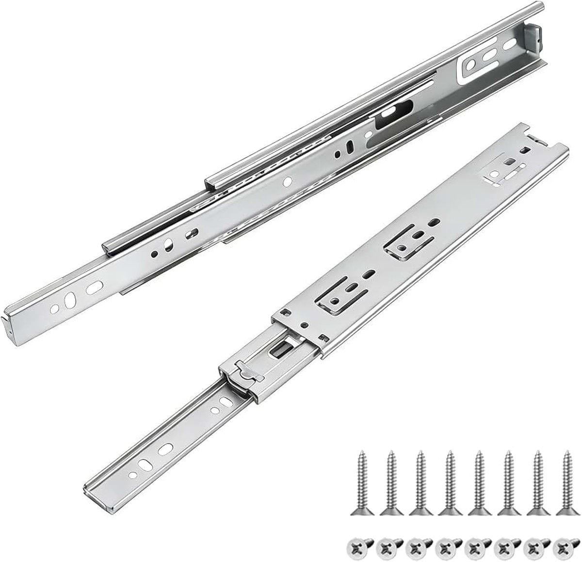 2 stuks schuifladerails, zilver, 250 mm, uittrekbare schuifladen, 3 vouwen, telescopische lade, volledig uittrekbaar scharnieren, zwaar draagvermogen van 45 kg