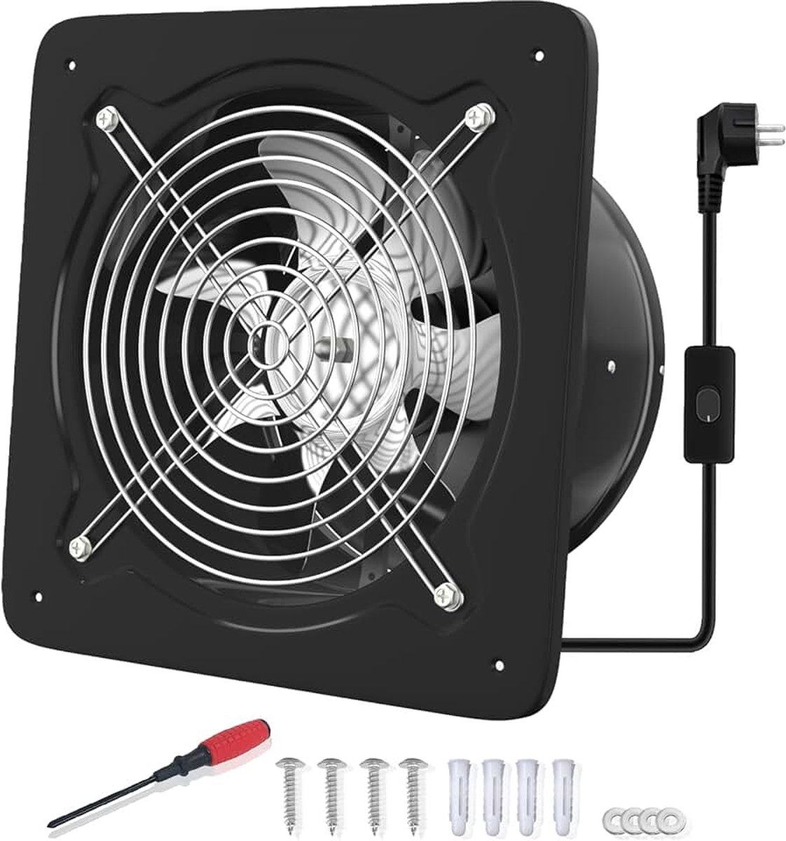 Afvoerventilator, 200 mm, 980 m³/uur, badkamerventilator, stil, met terugloopklep, krachtige wandventilator met EU-stekker voor keuken, badkamer, garage, kelder, zwart