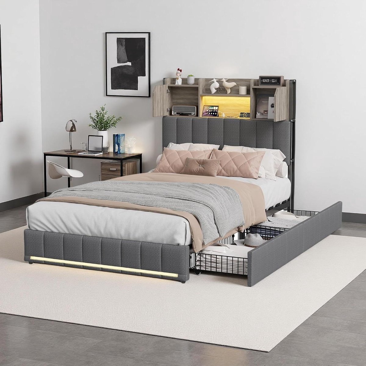 Eenpersoonsbed met opbergruimte - Ladebed met led - Comfortabel slapen - Geïntegreerde USB-poorten - 90x200 cm - Grijs