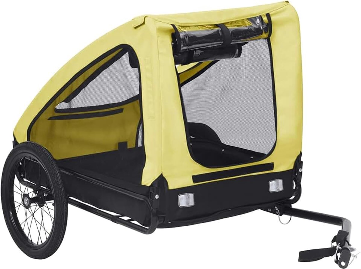Aanhanger voor huisdieren, geel en zwart, fietsaanhanger voor honden, met trekhaak en veiligheidsgordels