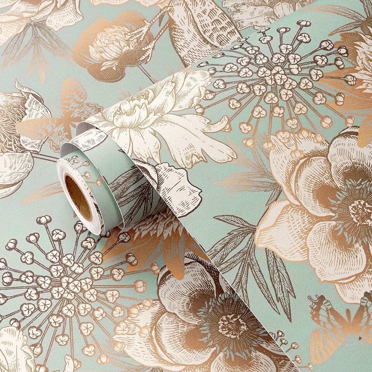 Behang groen goud decoratieve folie meubelfolie zelfklevende plakfolie voor kast bloemen vogel patroon woonkamer zelfklevend behang bloemen vintage groen plakfolie patroon 44,5 cm x 260 cm