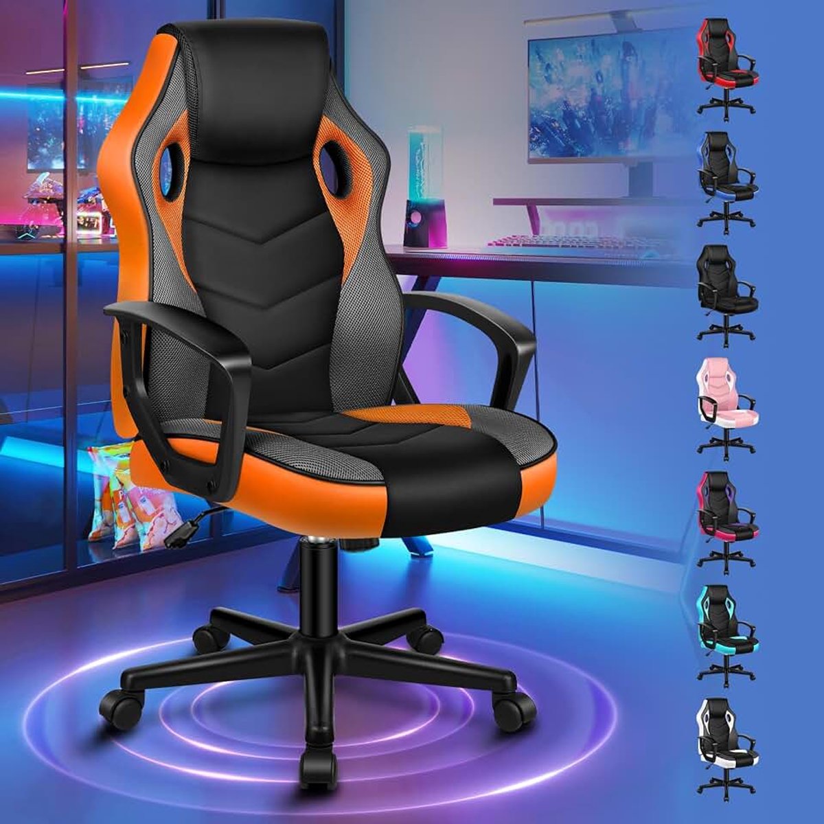 Gamingstoel, PC-computer racestoel, ergonomische draaibare bureaustoel met wielen, gemaakt van PU-leer en stof, oranje, geschikt voor thuisgebruik
