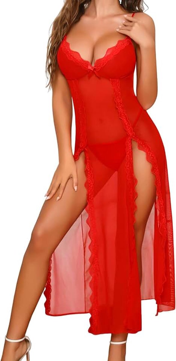 Dameslingerie, sexy, babydoll, kant, V-hals, semi-transparant, split, nachtkleding, elegante set