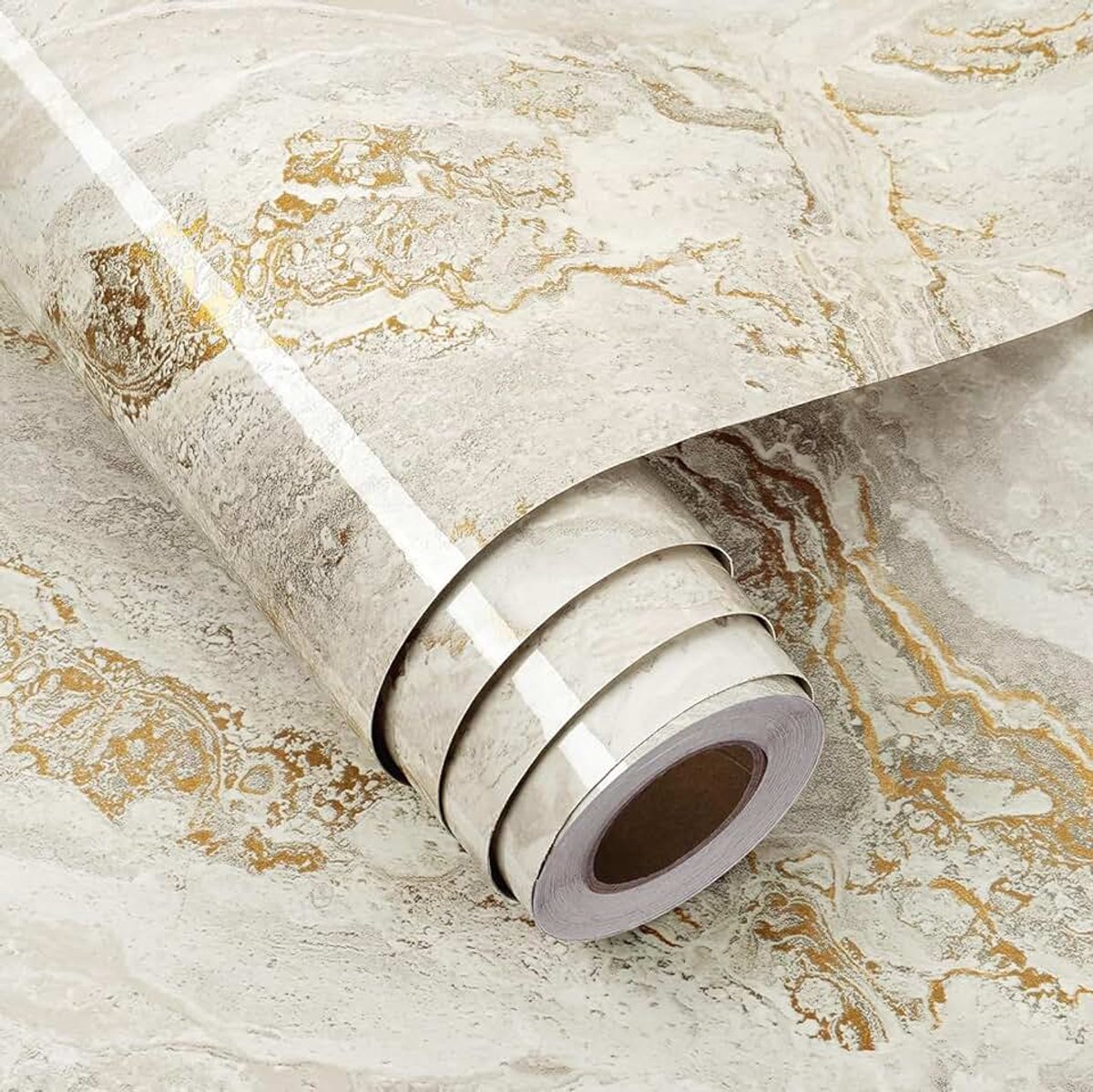 90CM×5M Meubilair Folie Keuken Countertop Grijs Kast Folie Zelfklevend Beige Marmeren Optisch Behang Keuken Folie voor Tafelblad Marmeren Glanzende Beige Goud Zelfklevende Optische Decor