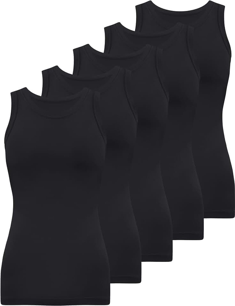 Set van 5 tanktops voor dames, ronde, hooggesloten hals, mouwloos, slim fit, basic onderhemdjes