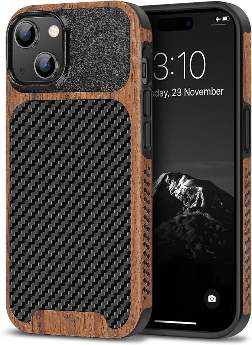 Compatibel met iPhone 15 hoesje houtnerf met koolstofvezel textuur ontwerp lederen hybride slanke hoes (zwart)