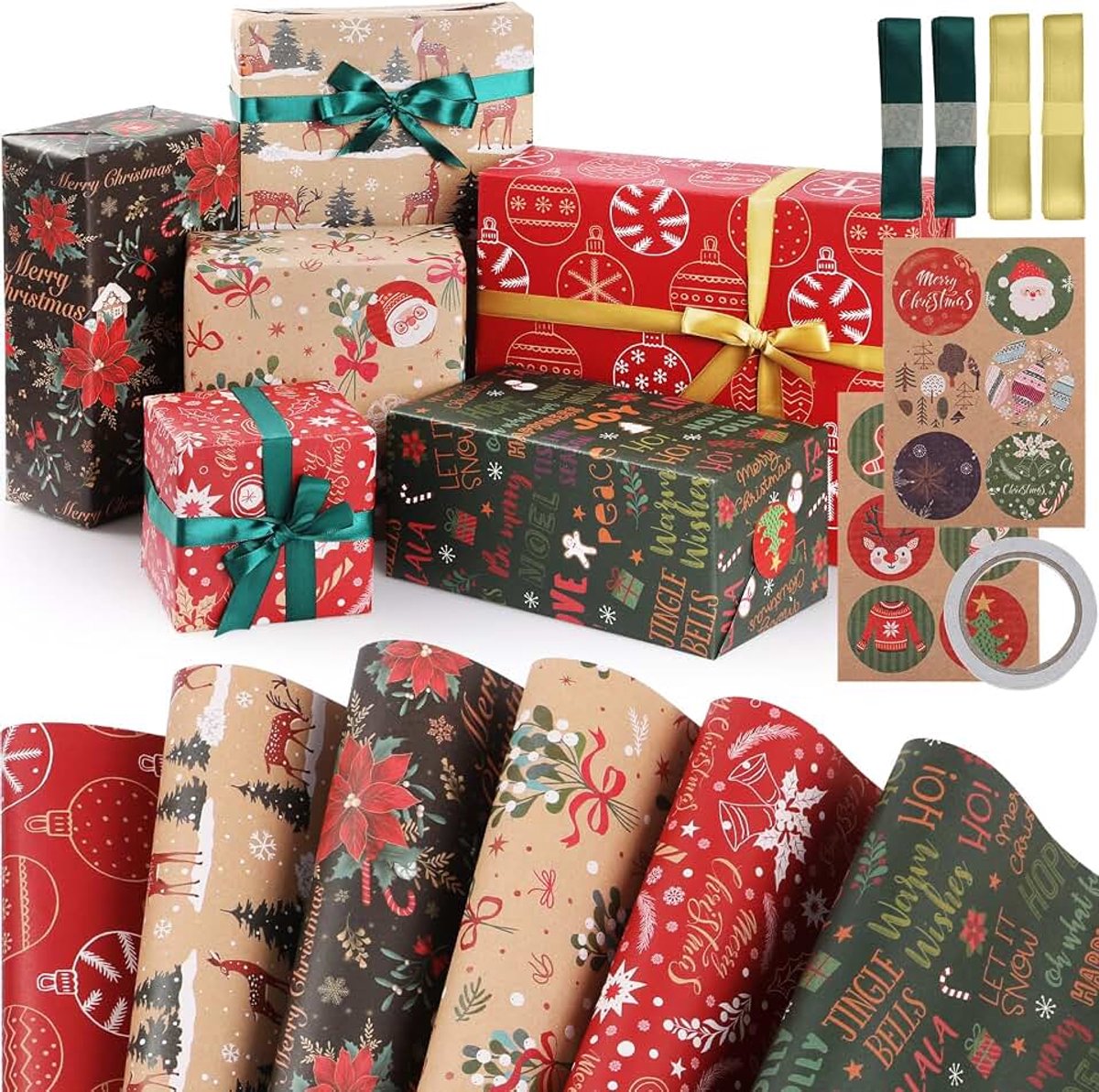 Cadeaupapier, 6 vellen recyclebaar papier 70 x 50 cm met 2 vellen cadeaustickers, 1 dubbelzijdig plakband en 4 linten, doe-het-zelf decoratie voor feestjes, Navidad Colorido