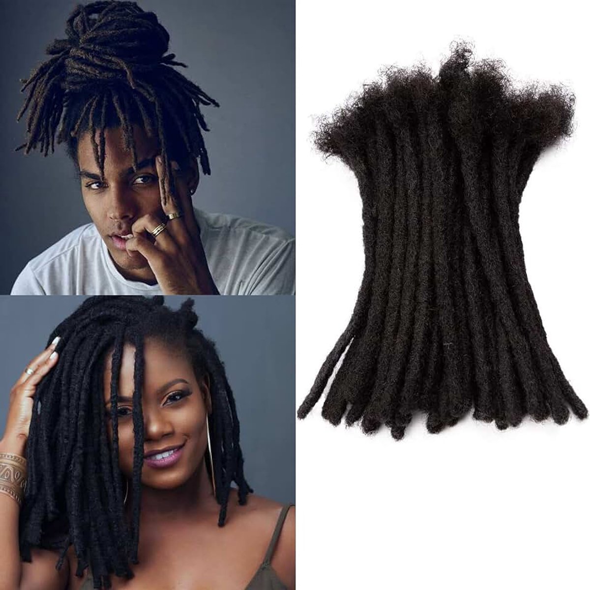 Extension 12 inch 100% Echt Menselijk Haar Afro Kinky 20 Strands Dreadlock Extensions voor Man/Vrouwen (1B, 0.8cm-12inch-20 pieces)