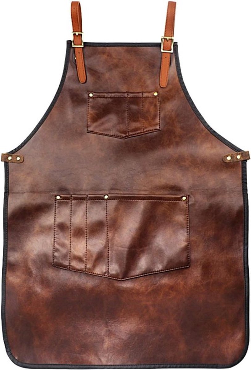 - Kapperschort van PU-leer - Haarstyling - Kruisback-riemen - Bruin - Keuken - BBQ - Grillen - Smeden - Handwerkend - Lassen - Geschikt voor dames en heren