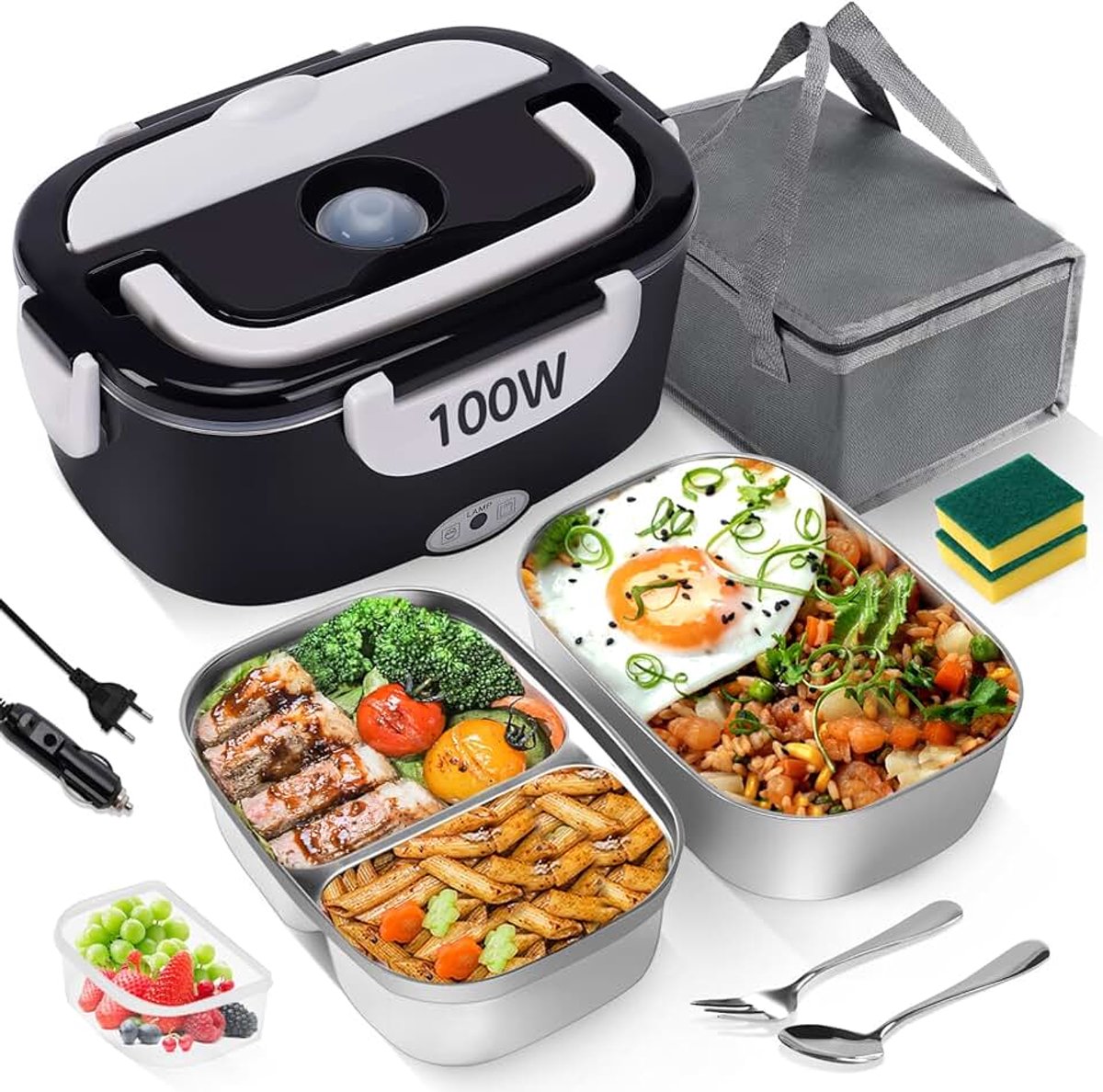 Lunchbox 100 W, 3-in-1 lunchbox voor volwassenen, premium, 2 uitneembare roestvrijstalen containers 304, 12 V/24 V/220 V voor auto, vrachtwagen en kantoor (zwart, 1,5 l)