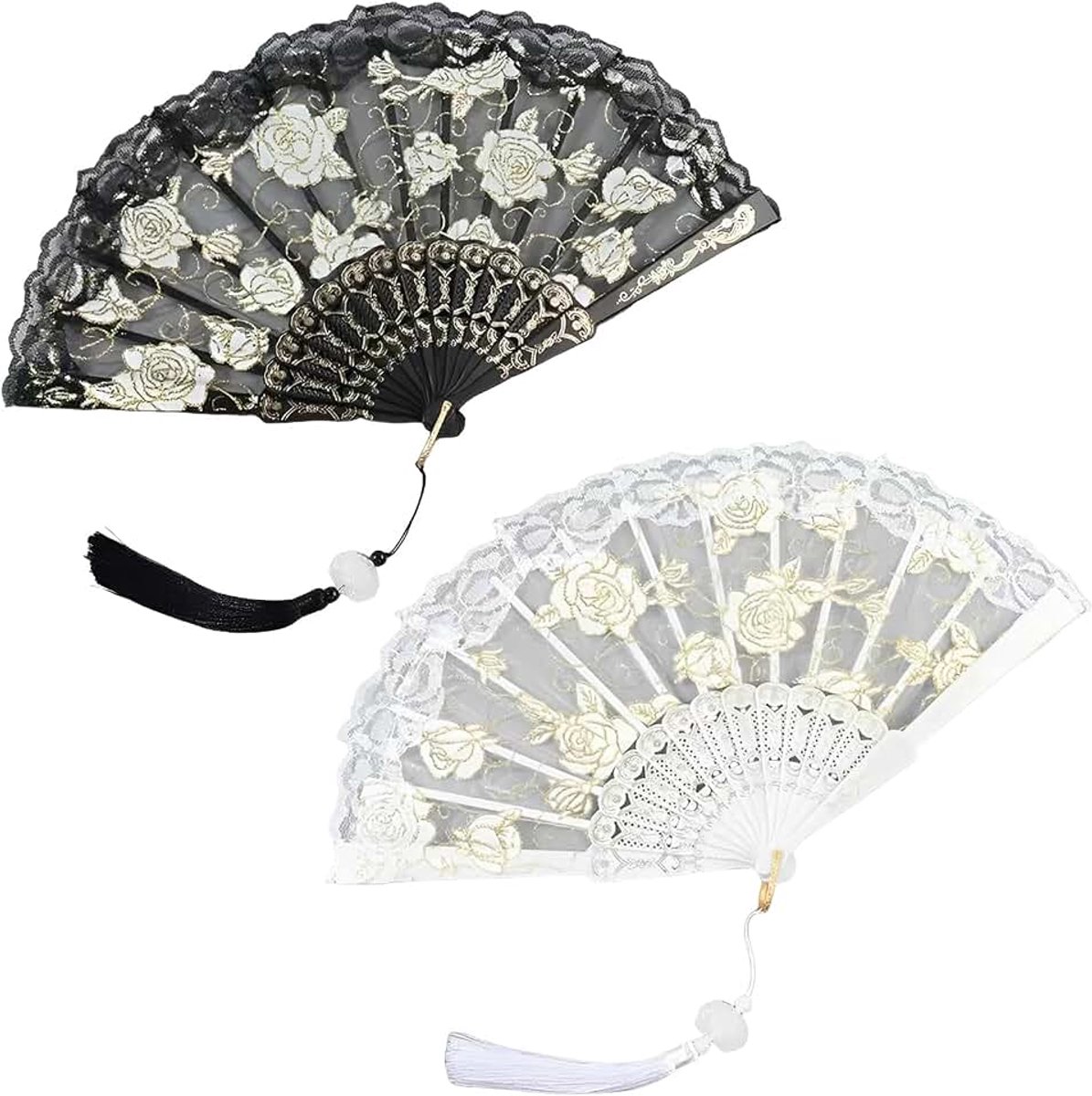 2 stuks waaiers van rozenkant, met kwastjes, Spaanse vouwwaaiers in zwart en wit (42 x 23 cm) voor bruiloften, flamingo-dansen en feesten, originele gastgeschenken