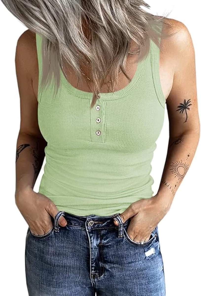 Damestop, slimfit, bovenstuk met knopen, geribbeld, mouwloos, tanktop, casual