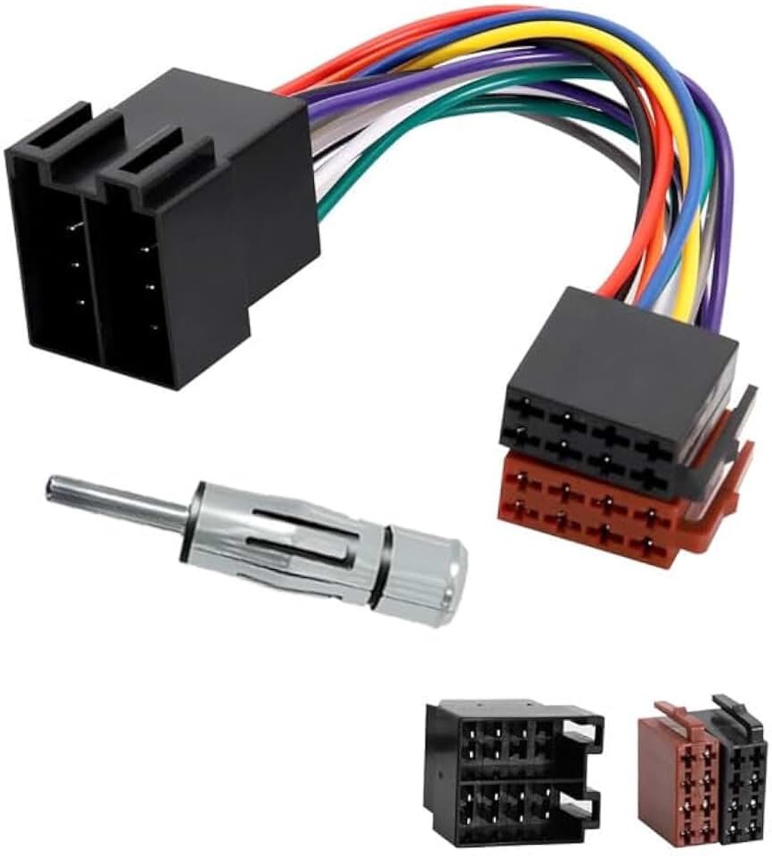 Autoradio-adapterset, universele stekker, radio-adapter, antenne-adapter, DIN ISO klem 15 + 30 insteekbare verlengingen, radio-adapterstekker, ISO adapter auto