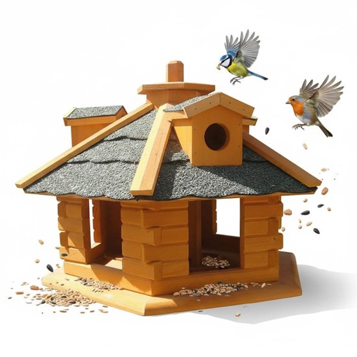 Dailygoods- Vogelhuis Zeshoekig met Voederbak - Vogelvoerstation - Houten Constructie - Bitumen Daken - Afmetingen 48 x 33 cm - Voor Wilde Vogels - Voederhuis