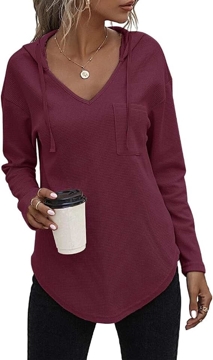 Pullover, dames, hoody, lange mouwen, V-hals, sweatshirt, effen, trekkoord, top