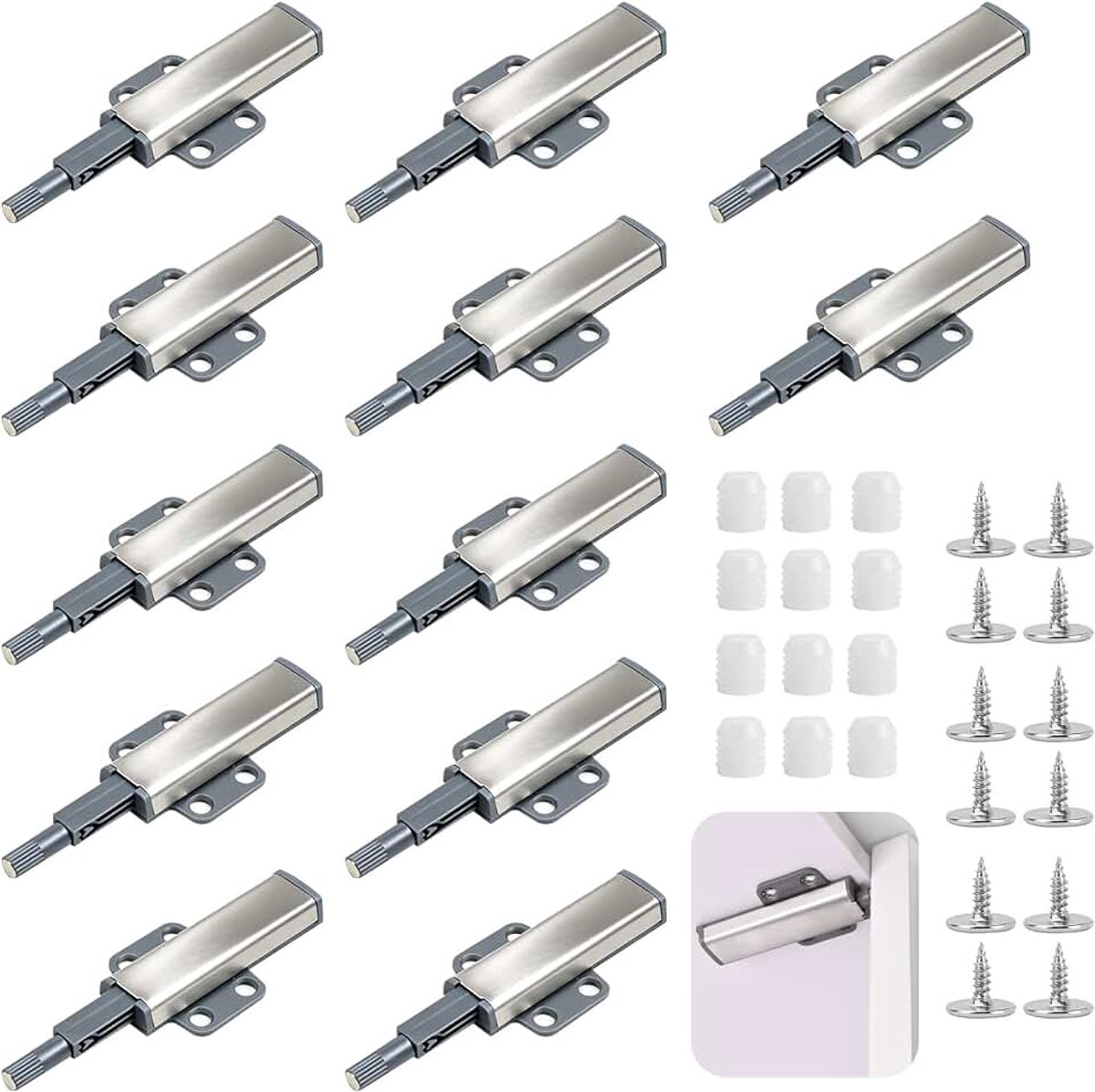 Deuropener Push to Open deuropener, 12 stuks kast deuropener Tip On, kastdeur demper met schroefzak, magneetsluiting kast, drukopener kastdeur, voor deuren beslag meubels