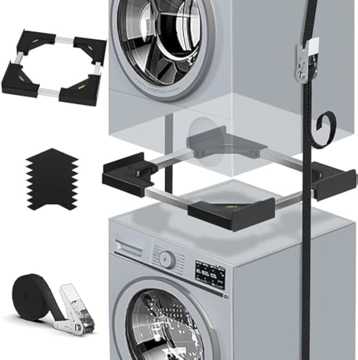 Stapelset voor wasmachine en droger, verstelbaar frame 45-68 cm, met versterkte ratelriem, trillingsbestendig en installatie zonder boren (zwart)