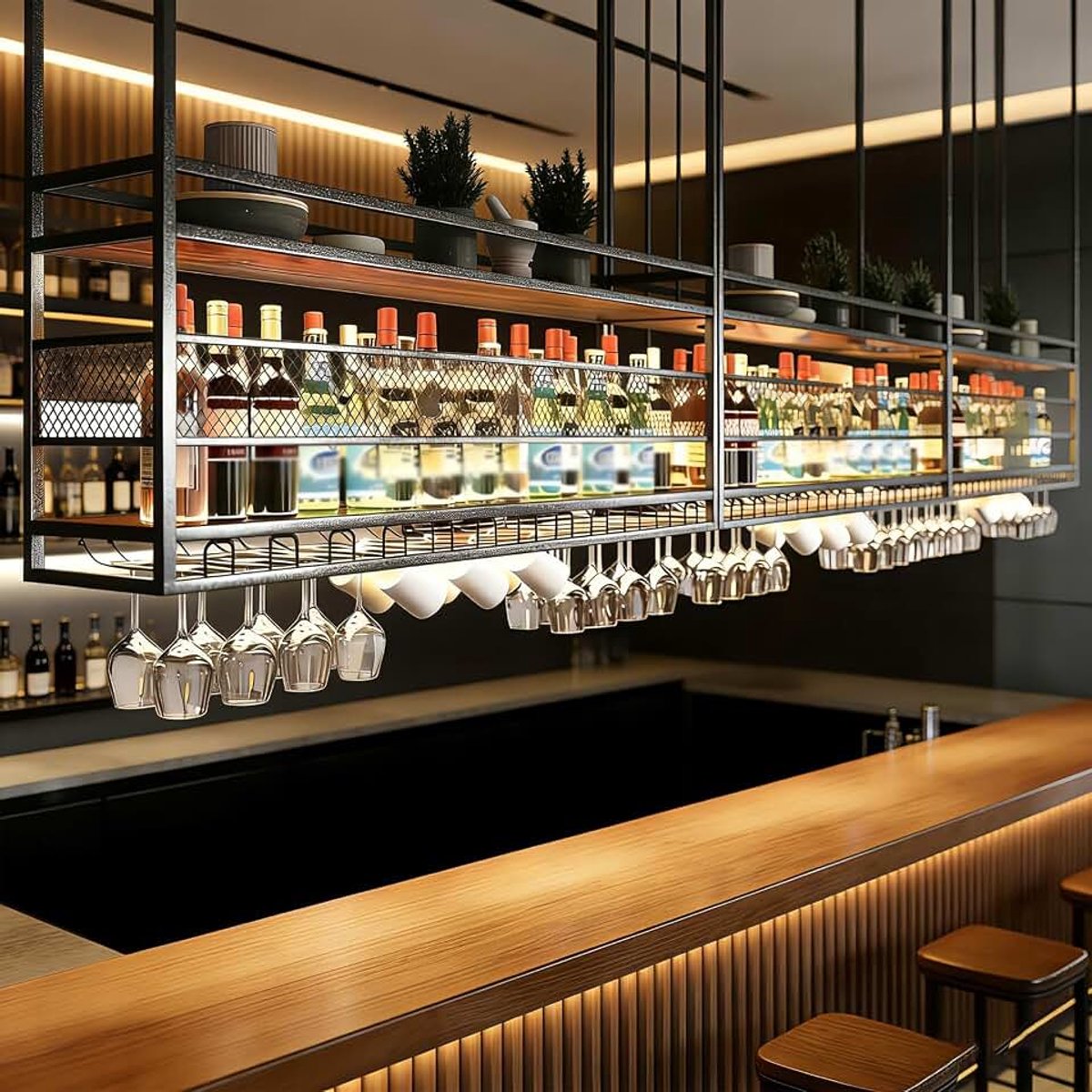 Wijnrek, Plafond Wijnglasrek, 2-laags Industriële Hangende Wijnflessenhouder, Zwart Metalen Plafondrek voor Bar, Café, Keuken (BLACK, 80 * 30 * 50+40CM)
