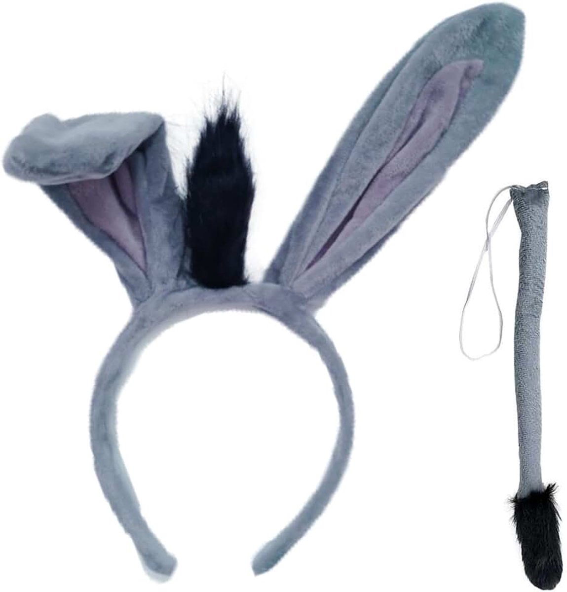 Dierenverkleedset met oren en staart, dierkostuum, haarband, oren, hoofdband, set voor volwassenen, carnaval, verjaardag, Halloween, themafeest (grijze ezel)