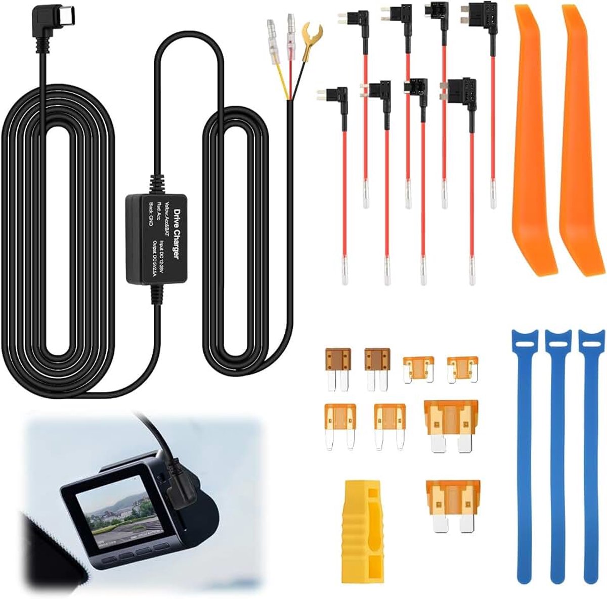 Dashcam Hardwire Kit USB-C 3,2 m, dashcam bedradingsset voor auto, 12 V/24 V, step-down-kabel met laagspanningsbeveiliging voor continue voeding, parkeerbewaking en routopname