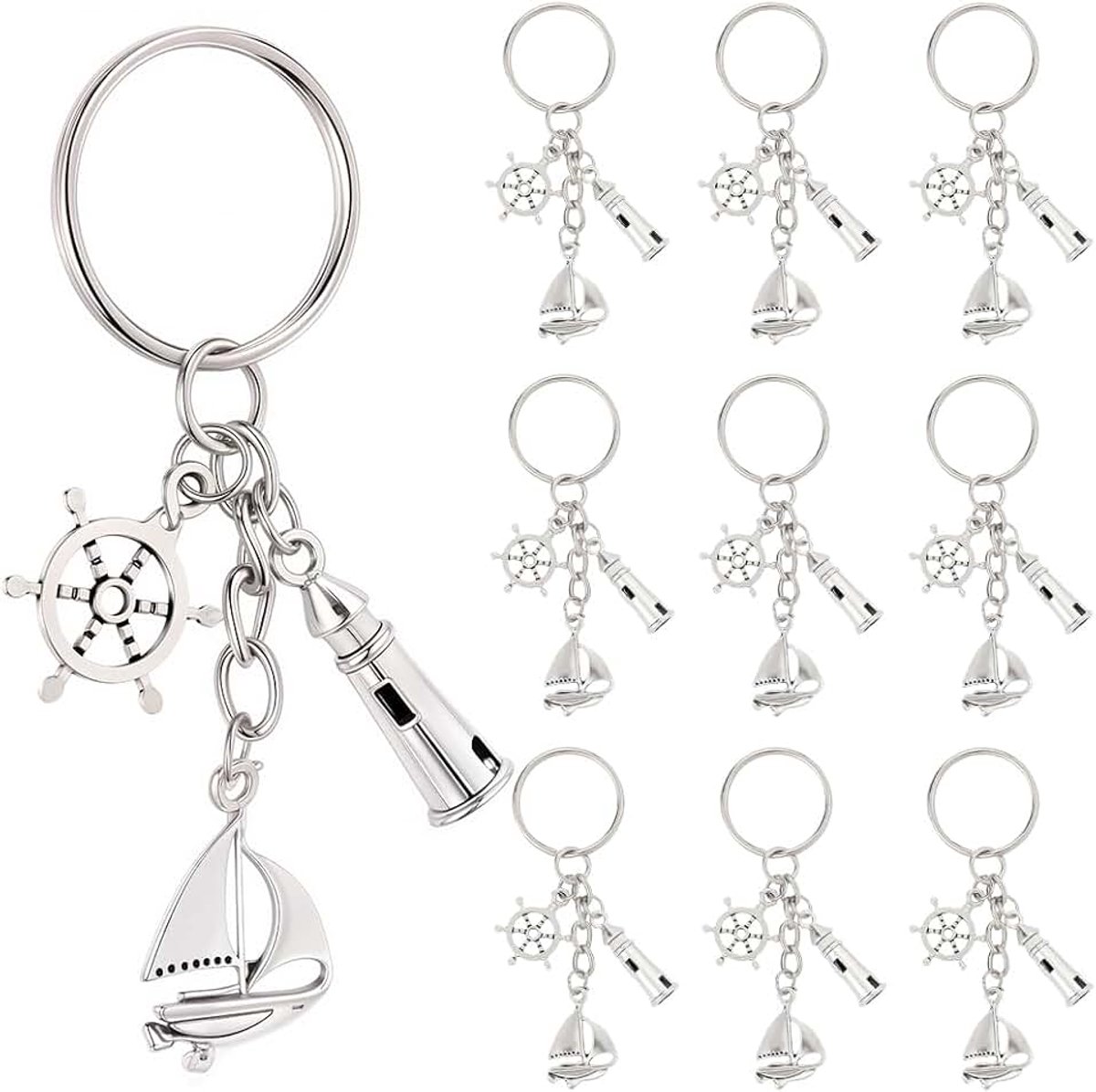 1 doos met 20 nautische sleutelringen, bulk, verpakking met sleutelhanger van verzilverd metaal met kaarsen, schepen, capuchon, zomerhangers voor tassen, feestgeschenken, bruiloften