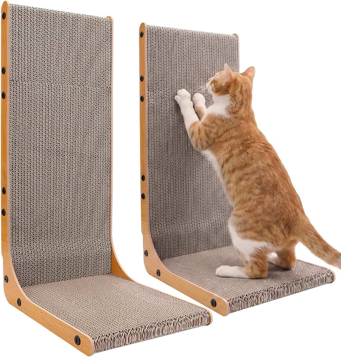Krabplank voor katten, 58 cm, L-vorm, stabiele set van krabkarton voor katten, verticale krabmeubels ter bescherming van meubels en banken, duurzame krabplanken, hout, 2 stuks