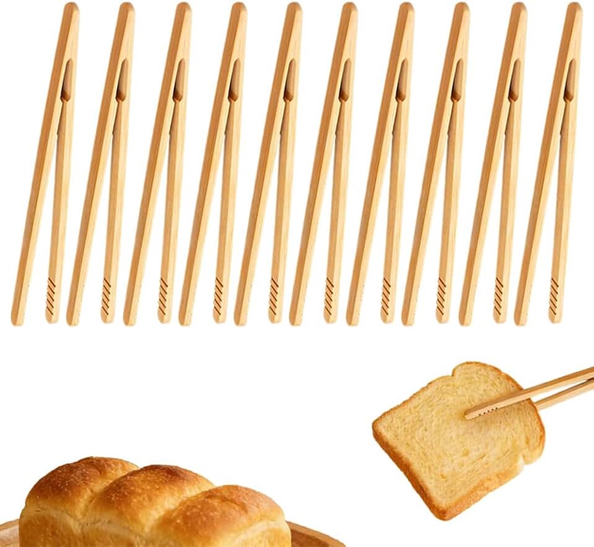 10 stuks houten broodroostertang, 18 cm bamboetang met antislip ontwerp, houten tang voor broodrooster, herbruikbaar voor brood, toast, spek en meer.