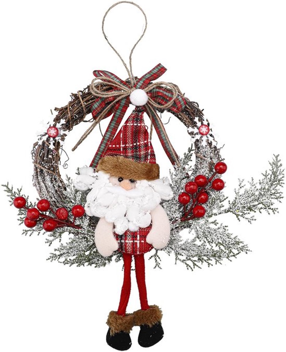- Kerstkrans - Kerstdecoratie - 35 cm - Santa Claus - Rattankrans - Perfect voor Deur en Wand