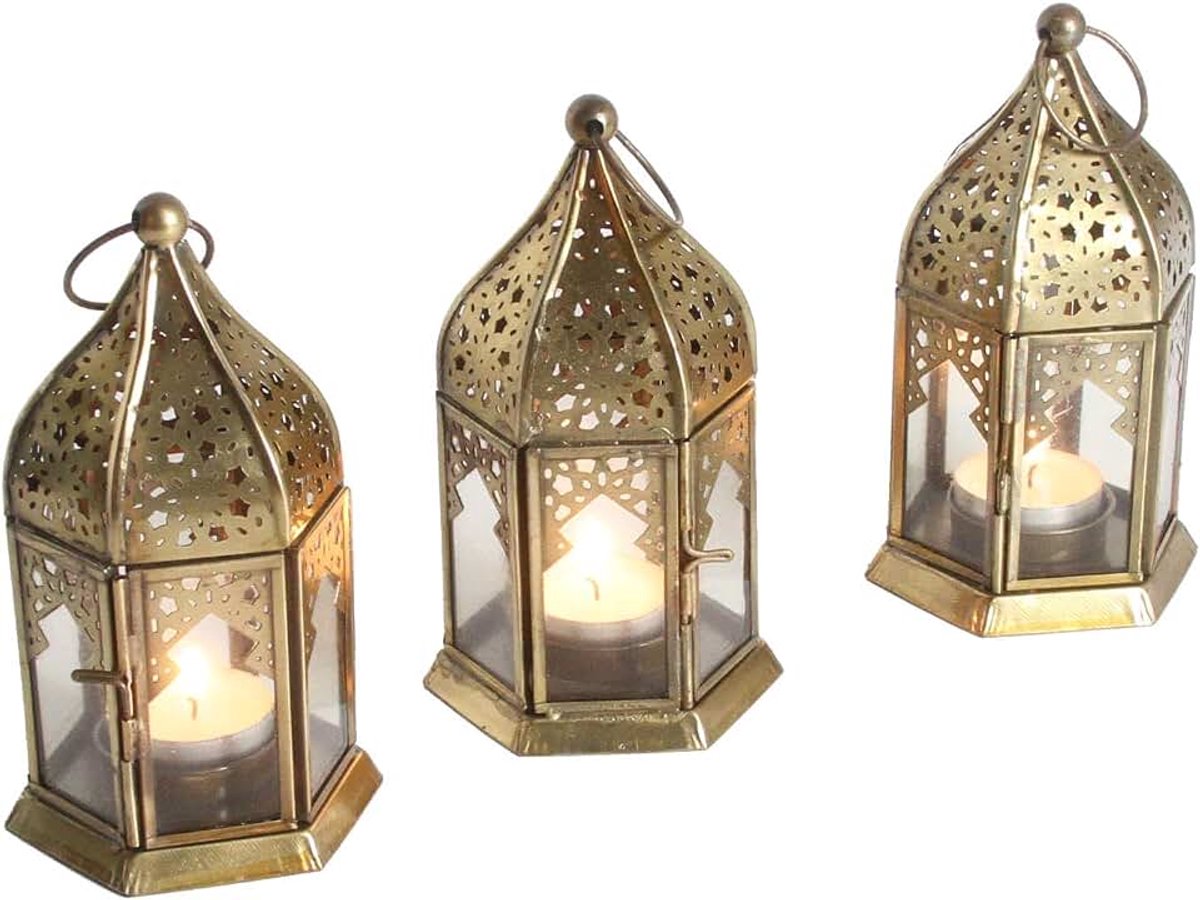 Windlichten nael transparant set van 3 hoogte 16 cm van metaal en glas | 3 Marokkaanse glazen lantaarns in antiek-messing-look voor binnen en buiten | WDL1060