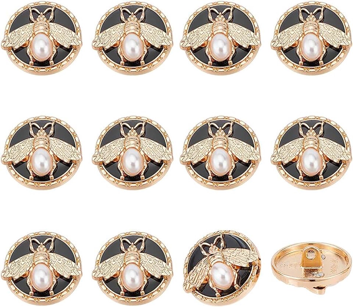 12 stuks bijen ronde knoop van metaal, 3D-bij met kralen, staafknopen van legering, platte ronde naai-knopen, 20 mm, metalen blazerknopen voor het maken van sieraden, goud