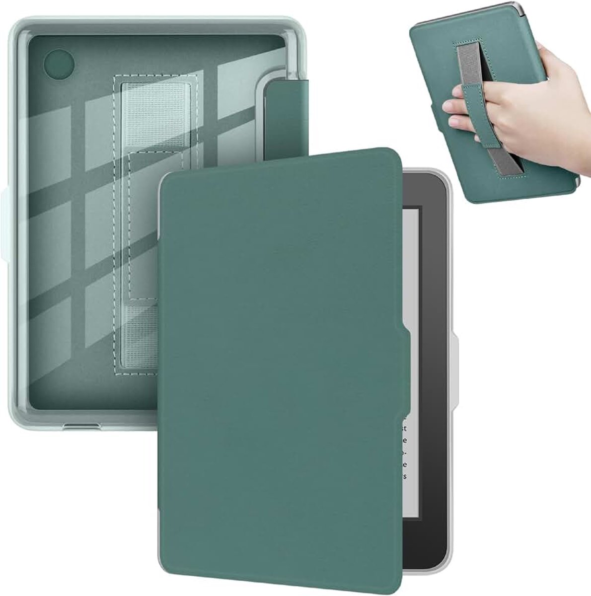 Hoes Compatibel met Tolino Shine Color/Shine 4/5, Handriem Flip PU-Leer Hoes [Transparant PC TPU Achterkant] - Donker Groen