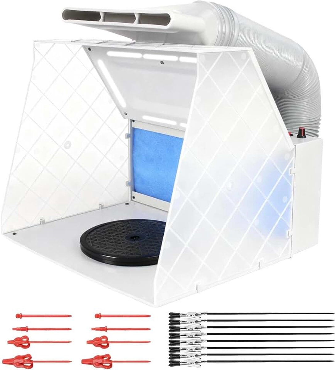 Airbrush-cabine, verstelbare krachtige ventilator en 4 ledlampen, 2-laags filter met 7,5 inch draaiplateau, 16 krokodillenstokken voor schilderen, modelbouw en handwerk